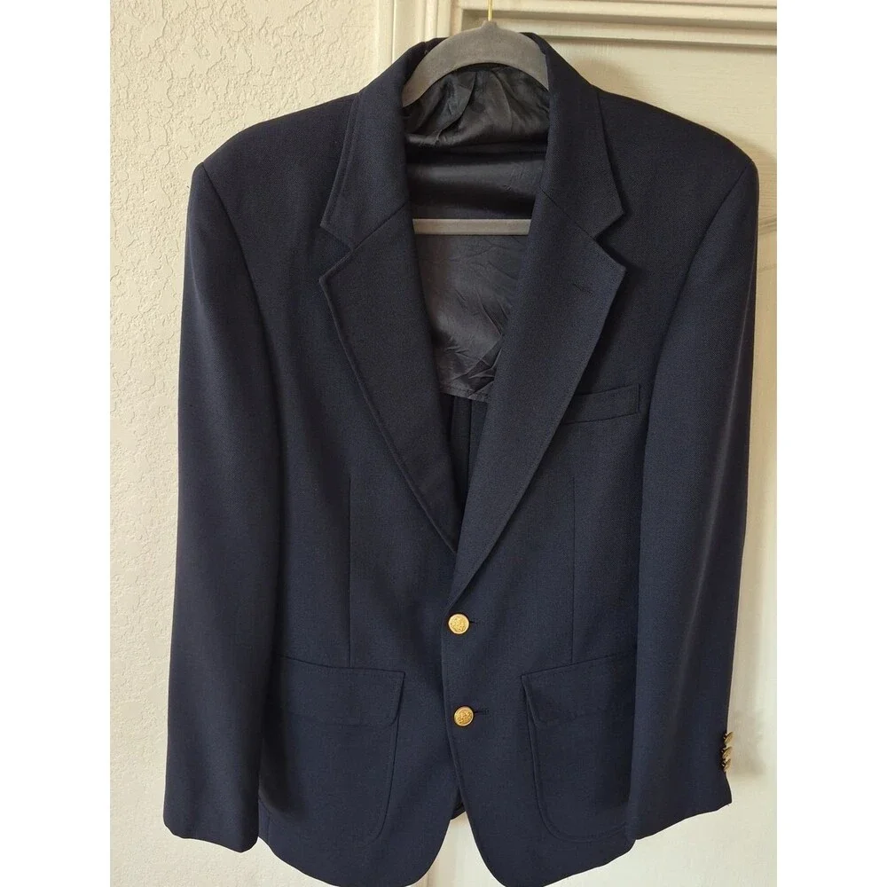 Stafford Vtg. Wool Smooth Blazer with Gold Medallion Buttons Size 40 R